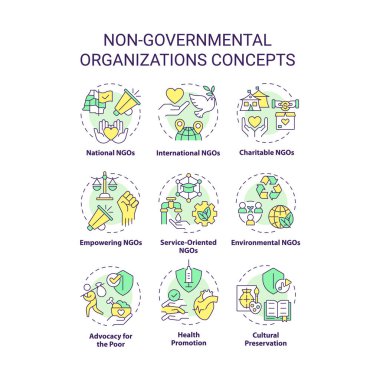 Non-governmental organizations multi color concept icons. Fighting for human rights. Social justice. Humanitarian aid. Icon pack. Vector images. Round shape illustrations. Abstract idea clipart