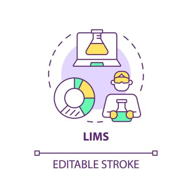 LIMS çok renkli konsept simgesi. Laboratuvar bilgi yönetimi, örnek takip. Kişisel koruma. Yuvarlak şekil çizimi. Soyut bir fikir. Grafik tasarımı. Kullanımı kolay sunum, makale