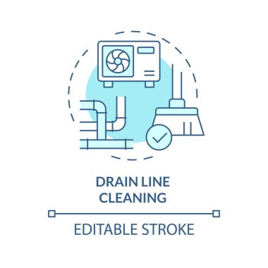 Lağım borusu, yumuşak mavi konsept simgesini temizliyor. Yoğunlaştırılmış drenaj temizleniyor. HVAC önleyici bakım. Yuvarlak şekil çizimi. Soyut bir fikir. Grafik tasarımı. Promosyon malzemelerinde kullanması kolay