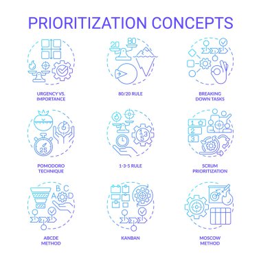 Öncelik teknikleri mavi gradyan konsept simgeleri. Zaman yönetimi. Simge paketi. Vektör görüntüleri. Bilgi, broşür, kitapçık, promosyon materyali için yuvarlak şekilli çizimler. Soyut fikir