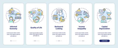 Purchasing power parity onboarding mobile app screen. Walkthrough 5 steps editable graphic instructions with linear concepts. UI, UX, GUI template. Myriad Pro-Bold, Regular fonts used clipart