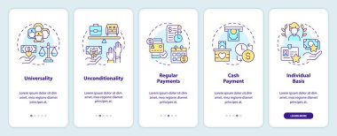 Mobil uygulama ekranında evrensel temel gelir. Eşit maaş. Doğrusal kavramlarla düzenlenebilir grafik yönergelerini 5 adımda gezdir. UI, UX, GUI şablonu. Kullanılan sayısız Pro-Kalın, Düzenli yazı tipleri