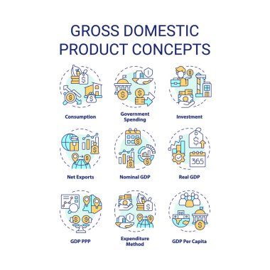 Gayri safi yurtiçi ürün çok renkli konsept simgeleri. Ulusal ekonomi. Devlet harcamaları. Mal ve hizmetler. Simge paketi. Vektör görüntüleri. Broşür ve kitapçık için yuvarlak şekilli çizimler. Soyut fikir