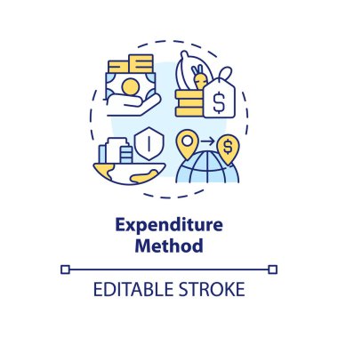 Harcama yöntemi çok renkli konsept simgesi. GDP hesaplıyor. Ulusal ekonomi. Jeopolitik finans. Yuvarlak şekil çizimi. Soyut bir fikir. Grafik tasarımı. Broşürde kullanması kolay, kitapçık.