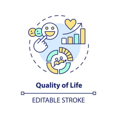 Quality of life multi color concept icon. Demography statistics. Geopolitical happiness metrics. Round shape line illustration. Abstract idea. Graphic design. Easy to use in brochure, booklet clipart