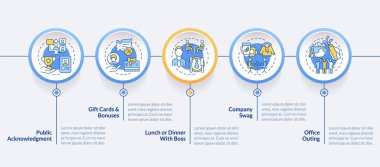 Çalışan tanıma fikirleri mavi daire bilgi şablonu. Veri görselleştirmesi 5 adımda. Düzenlenebilir zaman çizelgesi. Satır simgeleriyle çalışma akışı düzeni. Kullanılan Lato Kalın, Düzenli yazı tipleri