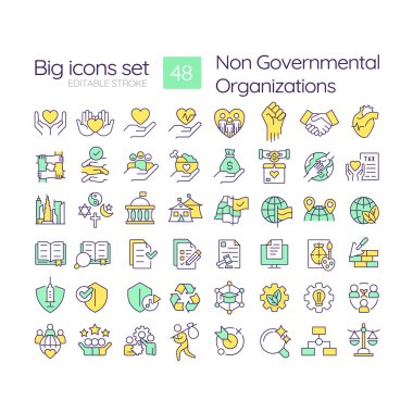 Non governmental organization RGB color icons set. Human rights. Nonprofits. Community service. Isolated vector illustrations. Simple filled line drawings collection. Editable stroke clipart