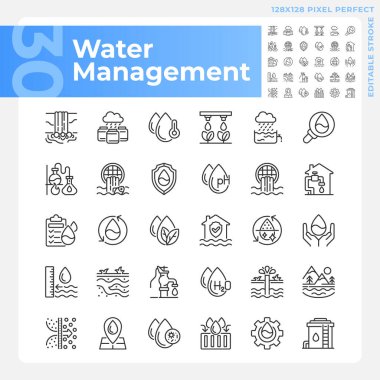 Su yönetimi doğrusal simgeleri ayarlandı. Su endüstrisi. Yeraltı suyu. Suyu koruma. Özelleştirilebilir ince çizgi sembolleri. İzole vektör çizimi çizimleri. Düzenlenebilir felç. Piksel mükemmel
