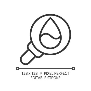 Su kalitesinde doğrusal simge. Su damlası ve büyüteç. İçmek için temiz su. İnce çizgili çizim. Contour sembolü. Vektör çizimi. Düzenlenebilir felç. Piksel mükemmel