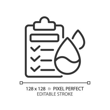 Su kalitesi testi doğrusal simgesi. Su içmek sağlık standartları. Protokolü test ediyorum. Laboratuvar testi. İnce çizgili çizim. Contour sembolü. Vektör çizimi. Düzenlenebilir felç. Piksel mükemmel