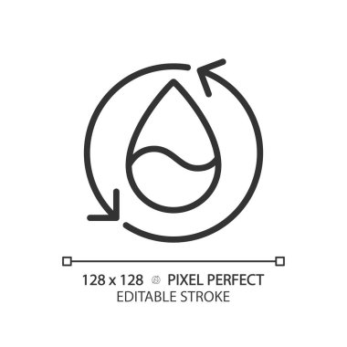 Su doğrusal simgesi yeniden kullanılıyor. Su idaresi. Islah edilmiş su. Yuvarlak ekonomi. Yenilenebilir kaynak. İnce çizgili çizim. Contour sembolü. Vektör çizimi. Düzenlenebilir felç. Piksel mükemmel