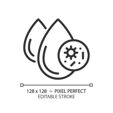 Kirli su doğrusal simgesi. Su yoluyla bulaşan patojenler. Enfeksiyon riski. Su kirliliği. Damlacıklar ve mikroplar. İnce çizgili çizim. Contour sembolü. Vektör çizimi. Düzenlenebilir felç. Piksel mükemmel