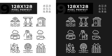 Su endüstrisiyle ilgili doğrusal simgeler karanlık, aydınlık moduna ayarlandı. Su toplama, damıtma. Gece ve gündüz teması için ince çizgi sembolleri. İzole çizimler. Düzenlenebilir felç. Piksel mükemmel