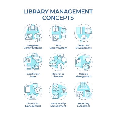 Kütüphane yönetimi yumuşak mavi konsept simgeleri. RFID teknolojisi, kitap dolaşımı. Müşteri hizmetleri. Simge paketi. Vektör görüntüleri. Makale için yuvarlak şekilli çizimler, blog yazıları. Soyut fikir