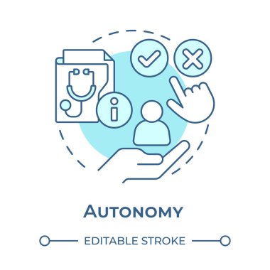 Özerklik, yumuşak mavi konsept simgesi. Biyoetik prensibi. Hasta seçme hakkı. Bilgilendirilmiş karar verme. Yuvarlak şekil çizimi. Soyut bir fikir. Grafik tasarımı. Sunumda kullanması kolay