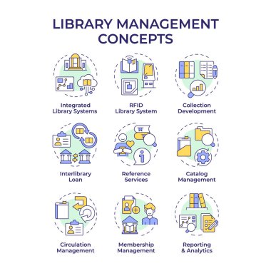 Kütüphane yönetimi çok renkli konsept simgeleri. RFID teknolojisi, kitap dolaşımı. Müşteri hizmetleri. Simge paketi. Vektör görüntüleri. Makale için yuvarlak şekilli çizimler, blog yazıları. Soyut fikir