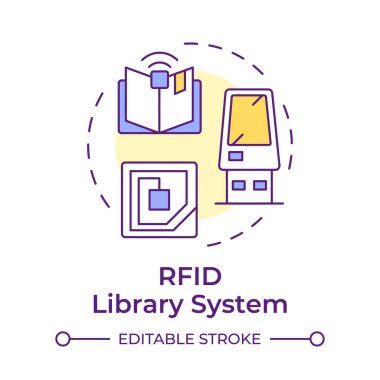 RFID kütüphane sistemi çok renkli konsept simgesi. Kullanıcı hizmeti, sınıflandırma organizasyonu. Yuvarlak şekil çizimi. Soyut bir fikir. Grafik tasarımı. Bilgide kullanımı kolay, günlük iletisi
