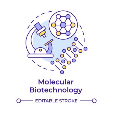 Moleküler biyoteknoloji çok renkli konsept ikonu. Moleküler yapı ve mikroskop. Tıbbi teknoloji. Yuvarlak şekil çizimi. Soyut bir fikir. Grafik tasarımı. Sunumda kullanması kolay