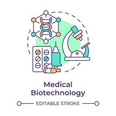 Tıbbi biyoteknoloji çok renkli konsept ikonu. İlaç ve eczacılıktan. İlaç geliştirme. Yuvarlak şekil çizimi. Soyut bir fikir. Grafik tasarımı. Sunumda kullanması kolay