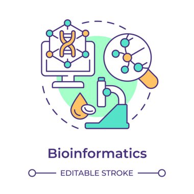 Biyoenformatik çok renkli konsept simgesi. Biyolojik verileri analiz etmek için yazılım. DNA analizi. Yuvarlak şekil çizimi. Soyut bir fikir. Grafik tasarımı. Sunumda kullanması kolay