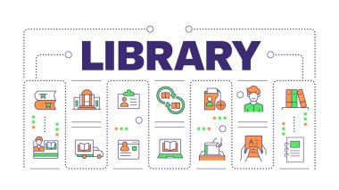 Kütüphane sözcük kavramı beyaza izole edildi. ITSM teknolojisi. Kitap mağazası iş akışı organizasyonu. Düzenlenebilir renkli çizgi simgeleriyle çevrili yaratıcı illüstrasyon afişi. İnbot Sans yazı tipi kullanıldı