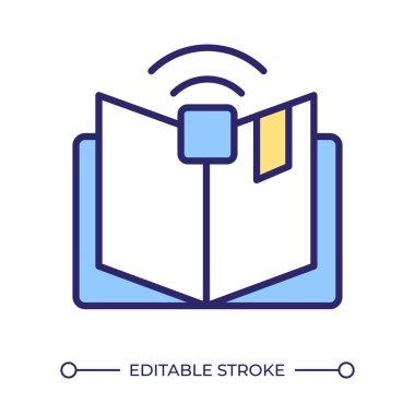 Kitap izleme RGB renk simgesi. GPS teknolojisi, yazılım. Edebiyat ve materyaller. Açık sayfa, çalışma defteri. İzole vektör çizimi. Basit bir çizgi çizimi. Düzenlenebilir vuruş