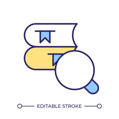 Kitap kullanılabilirlik denetimi RGB renk simgesi. Tahsilat yönetimi. Malzeme bakımı. Metin kitap koleksiyonu izleme. İzole vektör çizimi. Basit bir çizgi çizimi. Düzenlenebilir vuruş