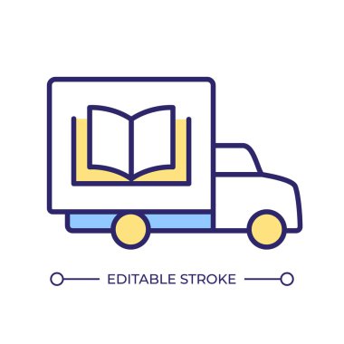 Kitap dağıtım kamyonu RGB renk simgesi. Eğitim malzemeleri ulaşım, kültür. Edebiyat lojistik arabası, araç. İzole vektör çizimi. Basit bir çizgi çizimi. Düzenlenebilir vuruş