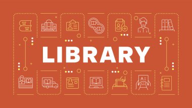 Library red word concept. Managing systems, workflow organization. Access cards, security. Horizontal vector image. Headline text surrounded by editable outline icons. Hubot Sans font used clipart