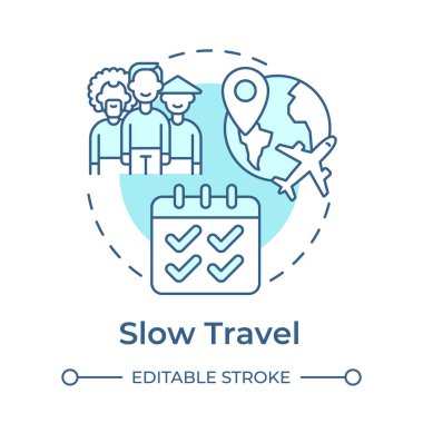 Yavaş seyahat eden yumuşak mavi konsept simgesi. Seyahat eğilimi. Yerel konukseverlik. Kültürel enmersiyon. Yuvarlak şekil çizimi. Soyut bir fikir. Grafik tasarımı. Günlük paylaşımında kullanması kolay