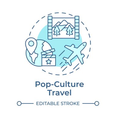 Pop-kültür seyahat yumuşak mavi konsept ikonu. Turizm trendi. Film setinin konumları. Ünlü simgeler. Yuvarlak şekil çizimi. Soyut bir fikir. Grafik tasarımı. Günlük paylaşımında kullanması kolay