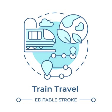 Tren yolculuğu yumuşak mavi konsept ikonu. Çevre gezisi. Toplu taşıma. Turizm trendi. Tren yolu. Yuvarlak şekil çizimi. Soyut bir fikir. Grafik tasarımı. Günlük paylaşımında kullanması kolay