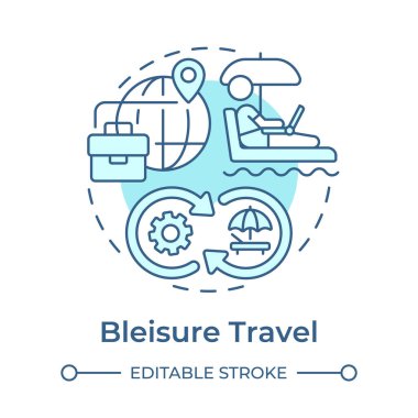 Bleisure travel soft blue concept icon. Business trip and leisure activity. Digital nomad. Niche tourism. Round shape line illustration. Abstract idea. Graphic design. Easy to use in blog post clipart