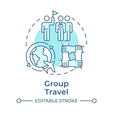 Grup seyahati, yumuşak mavi konsept ikonu. Rehberli tur. Refakatçilerle küresel yolculuk. Globetrotting. Yuvarlak şekil çizimi. Soyut bir fikir. Grafik tasarımı. Uygulamada kullanması kolay