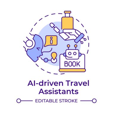 AI güdümlü seyahat asistanları çok renkli konsept simgesi. Sanal yardım. Seyahatte teknoloji entegrasyonu. Yuvarlak şekil çizimi. Soyut bir fikir. Grafik tasarımı. Günlük paylaşımında kullanması kolay