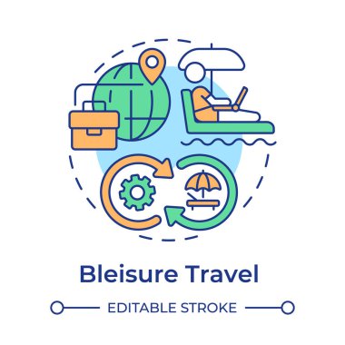 Bleisure travel multi color concept icon. Business trip and leisure activity. Digital nomad. Niche tourism. Round shape line illustration. Abstract idea. Graphic design. Easy to use in blog post clipart