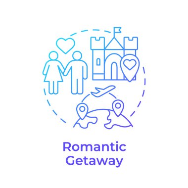 Romantik kaçış mavi gradyan konsept ikonu. Balayı için gidilecek yerler. İki kişilik yolculuk. Aşk gezisi. Yuvarlak şekil çizimi. Soyut bir fikir. Grafik tasarımı. Uygulamada kullanması kolay