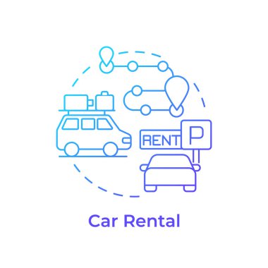 Araba kiralama mavi gradyan konsept simgesi. Seyahat servisi. Yolculuk planlama. Minibüs. Bir araba kirala. Yuvarlak şekil çizimi. Soyut bir fikir. Grafik tasarımı. Uygulamada kullanması kolay