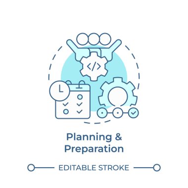 Planlama ve hazırlama yumuşak mavi konsept simgesi. Hackathon işlem yapısı. Proje yönetimi. Yuvarlak şekil çizimi. Soyut bir fikir. Grafik tasarımı. Promosyon malzemelerinde kullanması kolay