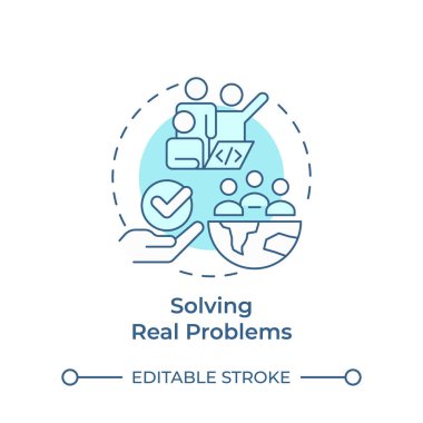 Gerçek problemleri çözmek. Yumuşak mavi konsept ikonu. Hackathon yardım gecesi. Küresel sorunları ele alıyoruz. Yuvarlak şekil çizimi. Soyut bir fikir. Grafik tasarımı. Promosyon malzemelerinde kullanması kolay