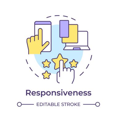 Sorumluluk çok renkli konsept simgesi. Yazılım araçları, cihaz uyumluluğu. Müşteri memnuniyeti. Yuvarlak şekil çizimi. Soyut bir fikir. Grafik tasarımı. Bilgi ve yazıda kullanması kolay