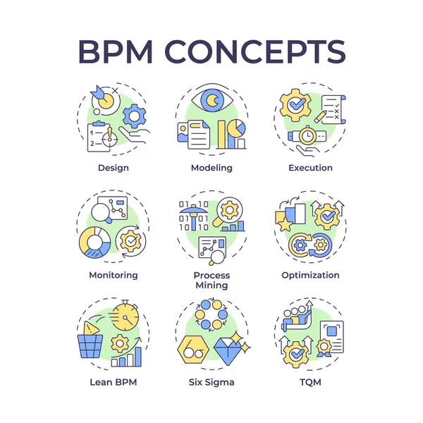 BPM çok renkli konsept simgeleri. İş akışı yönetimi, operasyonel verimlilik. Zayıf yönetim. Simge paketi. Vektör görüntüleri. Makale ve bilgi için yuvarlak şekilli çizimler. Soyut fikir