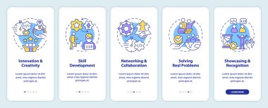 Hackathon mobil uygulama ekranında kullanılıyor. Avantajlar, doğrusal kavramlarla birlikte 5 adımda düzenlenebilir grafik yönergelerini dolaşır. UI, UX, GUI şablonu. Kullanılan sayısız Pro-Kalın, Düzenli yazı tipleri