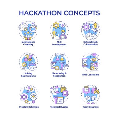 Hackathon çok renkli konsept simgeleri. Program geliştiricileri için teknolojik etkinlik. Teknik çözümler. Kodlama yarışması. Takım çalışması. Simge paketi. Vektör görüntüleri. Yuvarlak şekilli çizimler. Soyut fikir