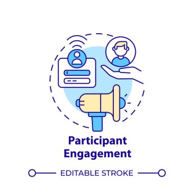 Katılımcı katılım çok renkli konsept simgesi. Hackathon organizasyonu. Sosyal medya tanıtımı. Yuvarlak şekil çizimi. Soyut bir fikir. Grafik tasarımı. Promosyon malzemelerinde kullanması kolay