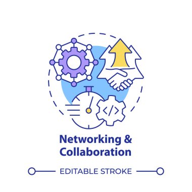 Ağ oluşturma ve işbirliği çok renkli konsept simgesi. Hackathon yardım gecesi. Bilgi paylaşımı. Yuvarlak şekil çizimi. Soyut bir fikir. Grafik tasarımı. Promosyon malzemelerinde kullanması kolay
