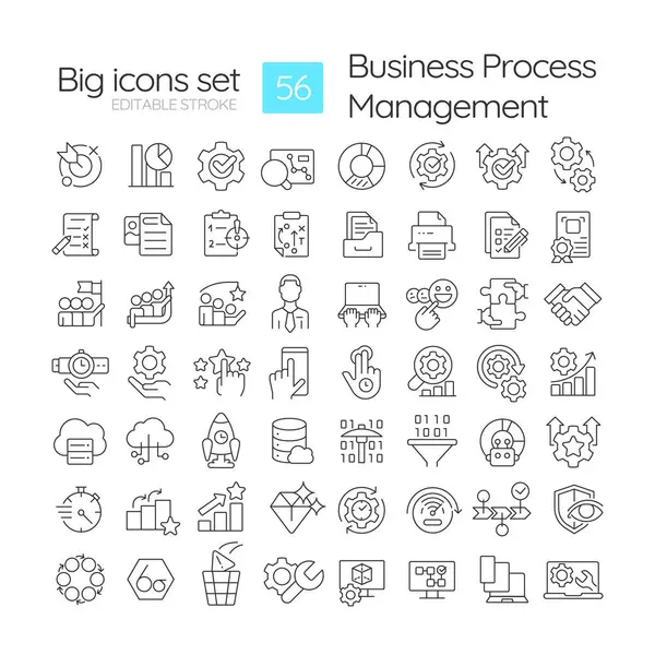 stock vector BPM organization linear icons set. Workflow managing, administration resources. Management software. Customizable thin line symbols. Isolated vector outline illustrations. Editable stroke