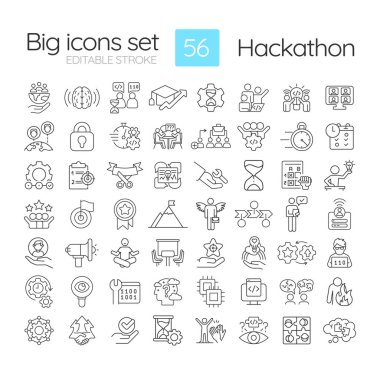 Hackathon doğrusal simgeleri ayarlandı. Geliştiriciler ve programcılar için etkinlik Teknik çözümler. Takım yarışması. Özelleştirilebilir ince çizgi sembolleri. İzole vektör çizimi çizimleri. Düzenlenebilir vuruş