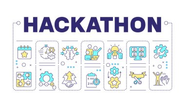Hackathon kelime kavramı beyaza izole edildi. Teknik etkinlik organizasyonu. Takım çalışması ve işbirliği. Düzenlenebilir renkli çizgi simgeleriyle çevrili yaratıcı illüstrasyon afişi. İnbot Sans yazı tipi kullanıldı