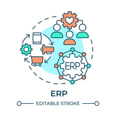 ERP çok renkli konsept simgesi. Atılgan kaynak planlaması. Akıllı fabrika teknolojisi. Yuvarlak şekil çizimi. Soyut bir fikir. Grafik tasarımı. Bilgi ve yazıda kullanması kolay